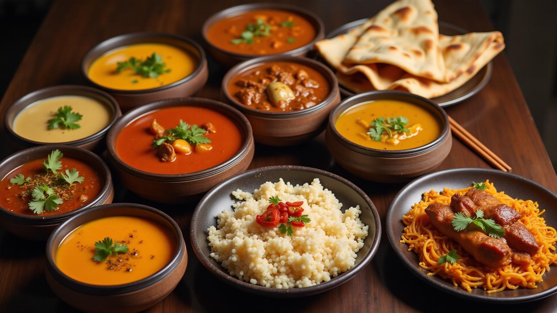 Butter chicken, chow mein, and naan bread served at A Saffron Thread